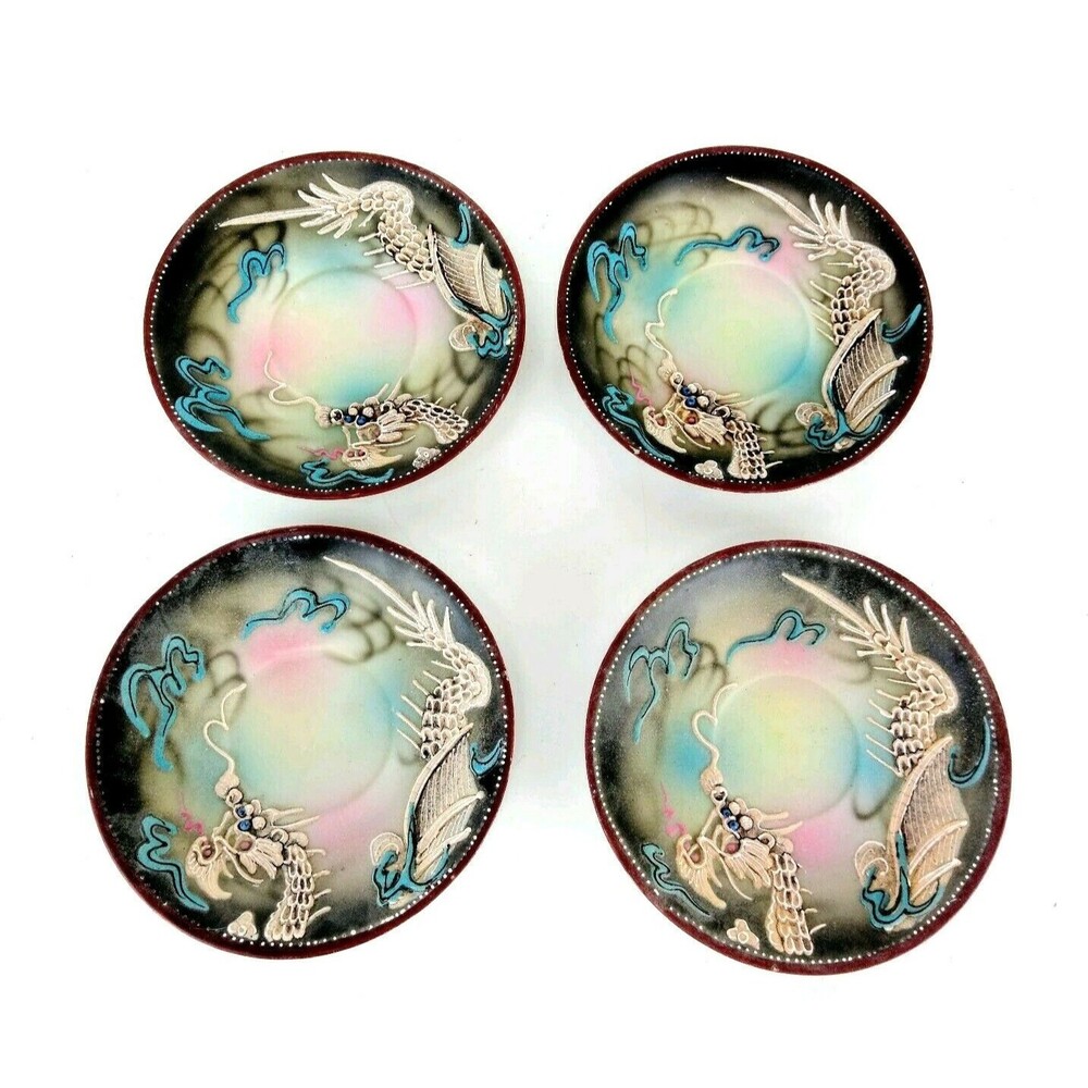 Vintage Japanese Moriage Shift Raised Dragon Set of Four Saucer Plates